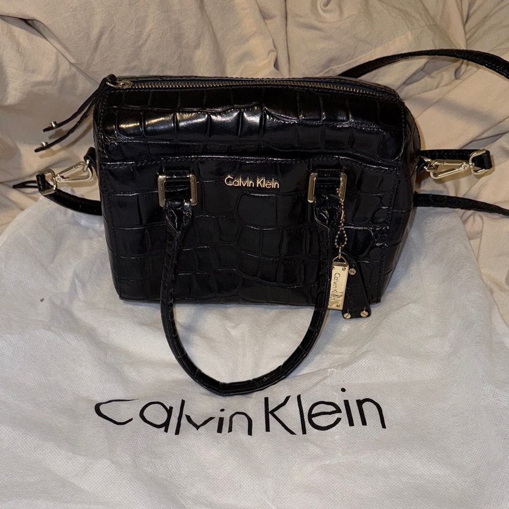 Calvin Klein Black Croc-Embossed Satchel